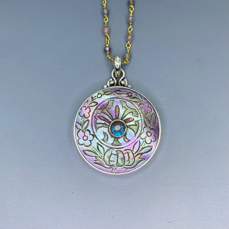 Victorian Carved Shell Pearl Button w/ Saphiret 24K & Glass Center set in Sterling silver w/ Facet Garnet Necklace