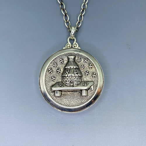 Victorian Picture Metal Button Beehive & Bees Button set in Sterling silver Pendant w/ Sterling Silver 22" Necklace