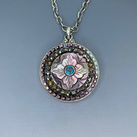 Victorian Carved Shell Pearl Button w/ Saphiret 24K & Glass Center w/ Steel Facet Border set in Sterling silver w/ Sterling Silver Necklace