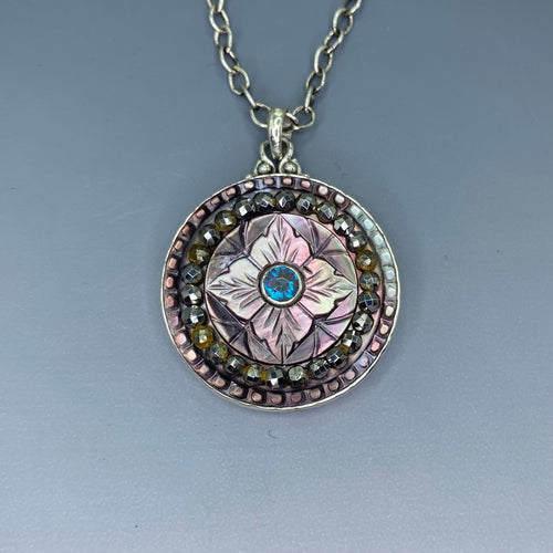 Victorian Carved Shell Pearl Button w/ Saphiret 24K & Glass Center w/ Steel Facet Border set in Sterling silver w/ Sterling Silver Necklace
