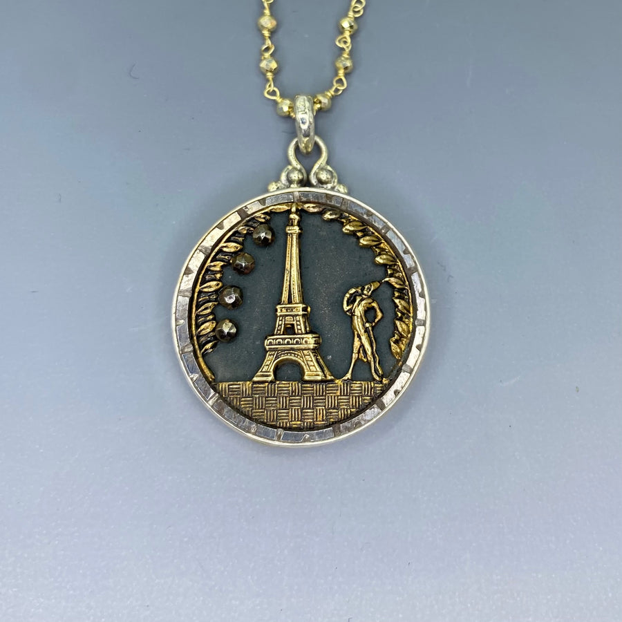 Victorian Picture Metal Eiffel Tower set in Sterling silver Pendant w/ Pyrrite Facet 22" Necklace