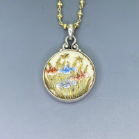 Hand Painted Floral Satsuma Button W/ Gold Painted Accent set in Sterling silver Pearl Facet Necklace