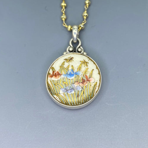 Hand Painted Floral Satsuma Button W/ Gold Painted Accent set in Sterling silver Pearl Facet Necklace