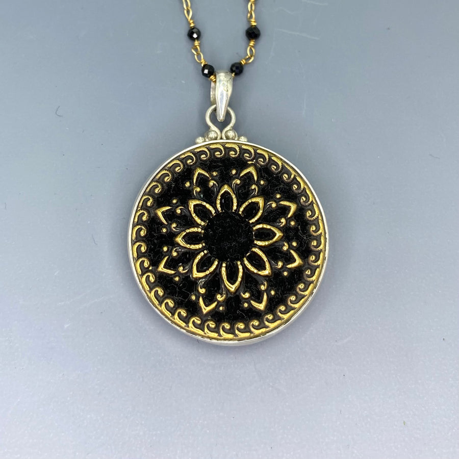 Victorian Metal Perfume Velvet Floral Button Set in Sterling Silver Pendant w/ Black Spinnel Rosary Necklace