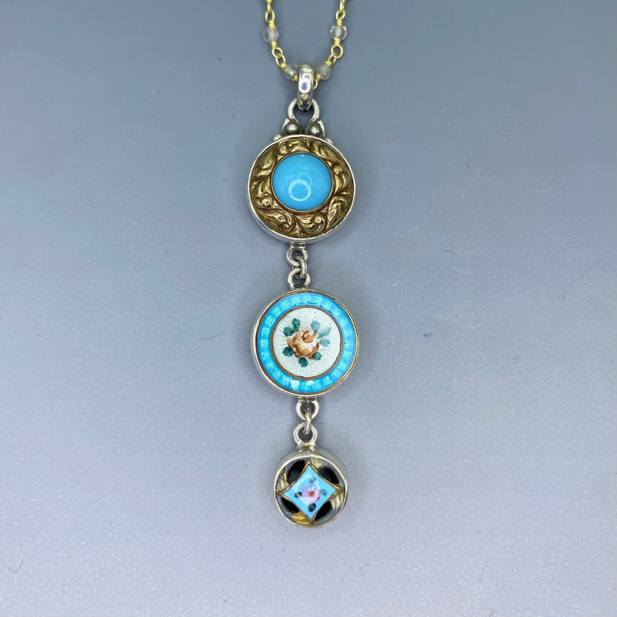 Victorian Three Button Drop Set in Sterling Silver Accented with Labradorite Facet Rosary Necklace