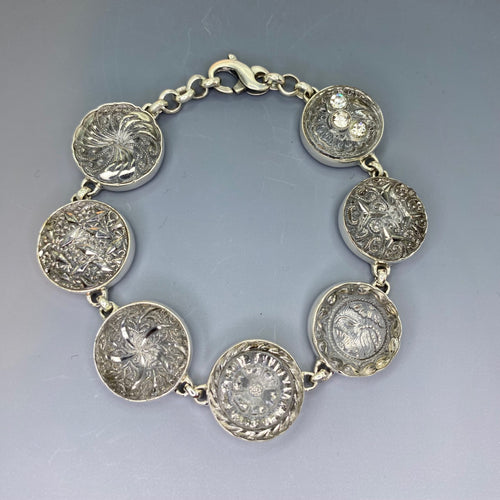 Early 1900s Czech Republic Silver Luster Glass Buttons set in Sterling Silver Bracelet