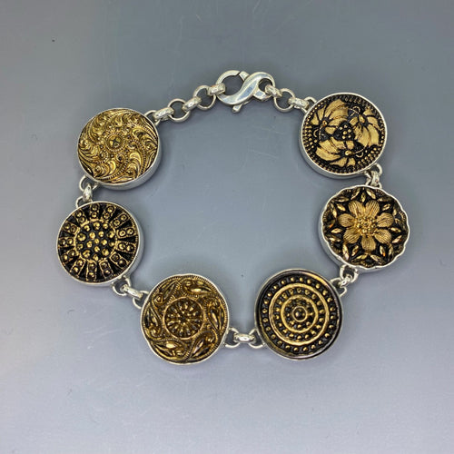 Early 1900s Czech Republic Gold Luster Glass Buttons set in Sterling Silver Bracelet