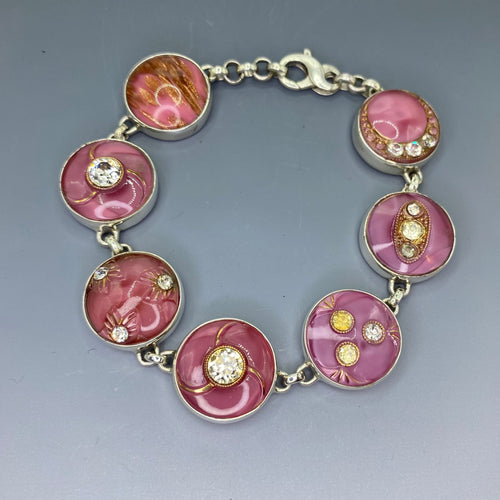 Early 1900s Czech Republic Pink Moonglows w/ Rhinestone Glass Buttons set in Sterling Silver Bracelet
