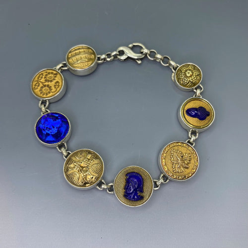 Victorian Glass in Metals & Jeweled Button Bracelet set in  Sterling Silver