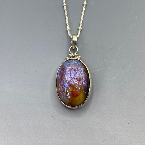 Victorian Glass Dragons Breath Button set in Sterling Silver w/ 18" Sterling Silver Necklace