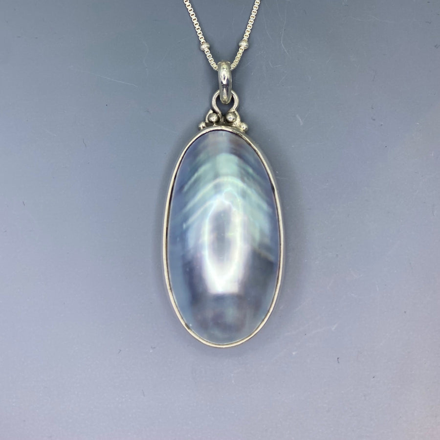 Victorian  Grey Shell  Button set in Sterling silver w/ Sterling silver Necklace
