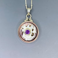 Victorian Carved  Dragon Shell Button  w/ Amethyst set in Sterling silver w/ 18" Sterling silver Necklace