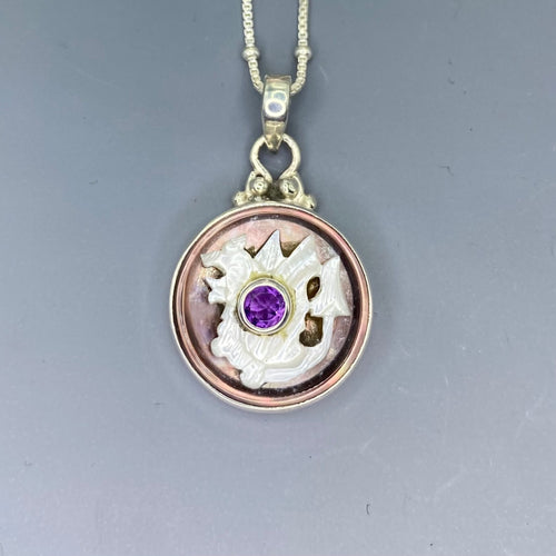 Victorian Carved  Dragon Shell Button  w/ Amethyst set in Sterling silver w/ 18" Sterling silver Necklace