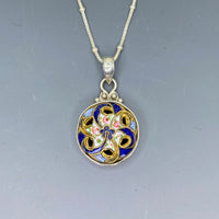 Victorian Hand Painted  Enamel  set in Sterling Silver w/ Sterling Silver Necklace