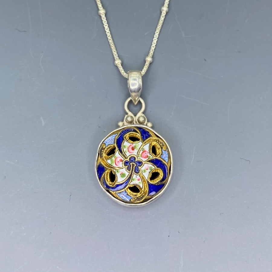 Victorian Hand Painted  Enamel  set in Sterling Silver w/ Sterling Silver Necklace
