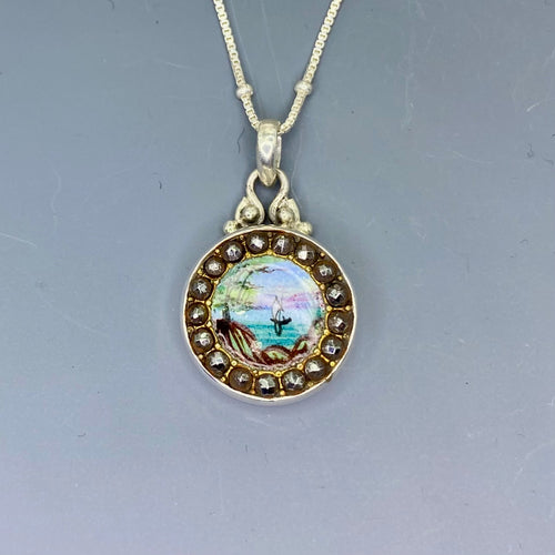 Victorian Hand Painted Enamel steel Facet Rim set in Sterling Silver w/ Sterling Silver Necklace