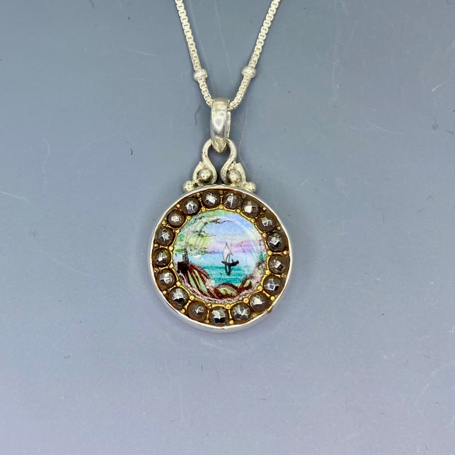 Victorian Hand Painted Enamel steel Facet Rim set in Sterling Silver w/ Sterling Silver Necklace