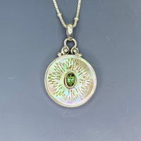 Victorian Carved  Dragon Shell Button w/ Tourmaline set in Sterling silver w/ 18" Sterling silver Necklace