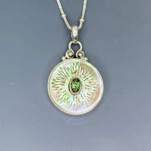 Victorian Carved  Dragon Shell Button w/ Tourmaline set in Sterling silver w/ 18" Sterling silver Necklace