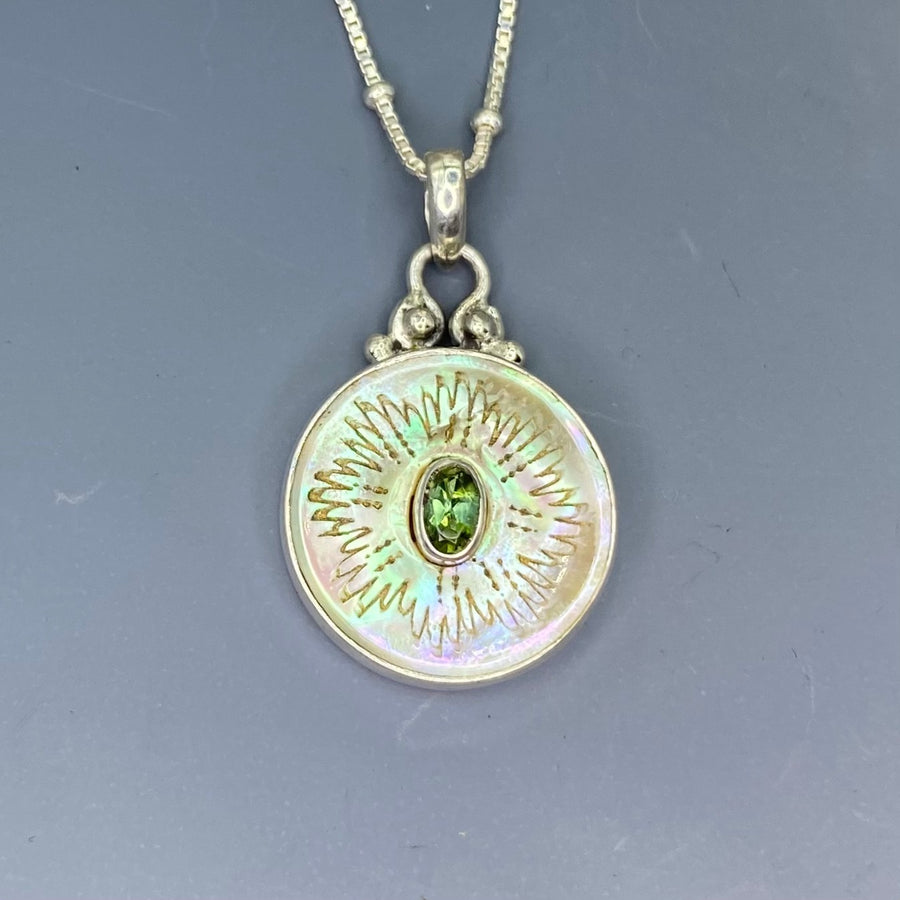 Victorian Carved  Dragon Shell Button w/ Tourmaline set in Sterling silver w/ 18" Sterling silver Necklace