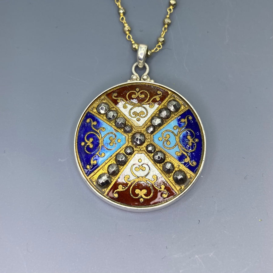 Victorian Hand Painted Large Enamel w/ Steel Facet Design set in Sterling Silver w/ facet Pyrrite Necklace