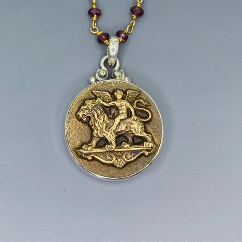 Victorian Picture Metal Button Cherub & Lion Love Conquers Fear Button set in Sterling silver Pendant w/ Garnet Facet Rosary 18" Necklace