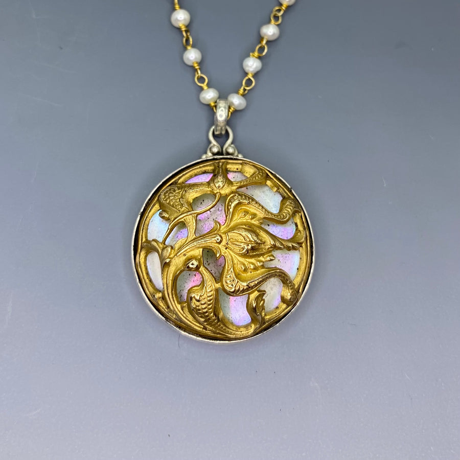 Victorian Shell set in Ornate Metal Button set in Sterling Silver w/ Pearl Necklace