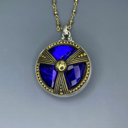 Victorian Glass in Metal Button w/ Facet Blue Glass Triad Design set in Sterling Silver w/ 20"Facet Pyrrite Facet Necklace