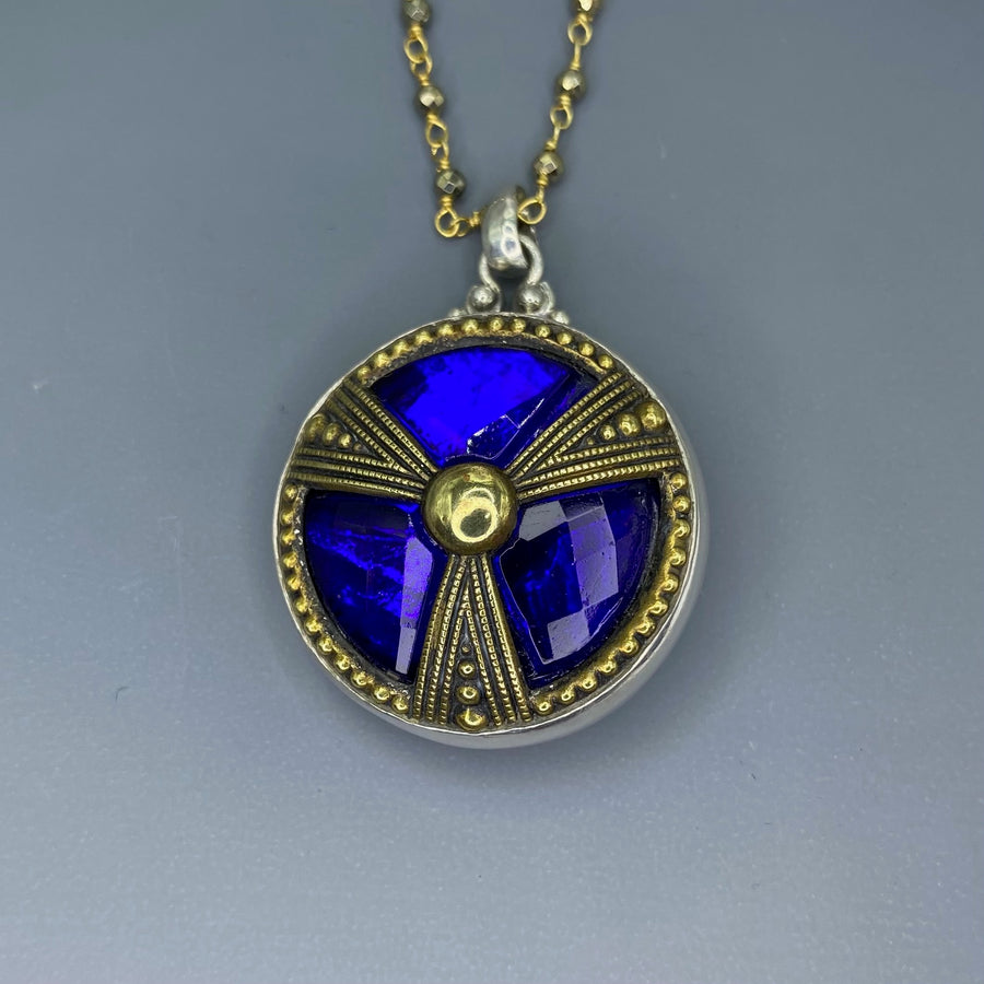 Victorian Glass in Metal Button w/ Facet Blue Glass Triad Design set in Sterling Silver w/ 20"Facet Pyrrite Facet Necklace