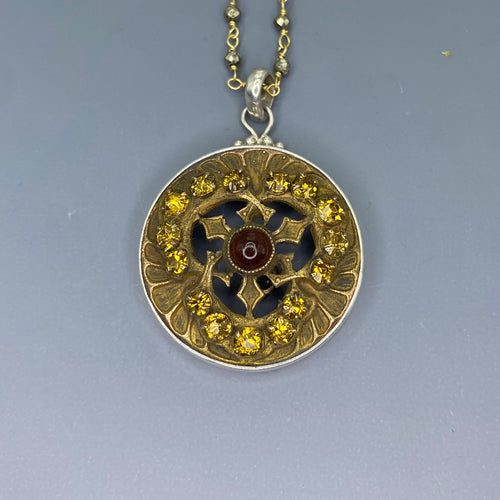 Victorian Glass set in Ornate Metal Button set in Sterling Silver w/ Facet Pyyrite Necklace