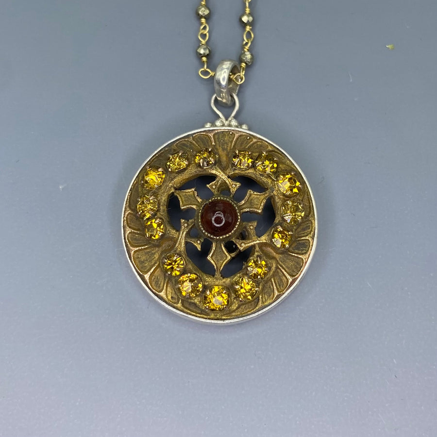 Victorian Glass set in Ornate Metal Button set in Sterling Silver w/ Facet Pyyrite Necklace