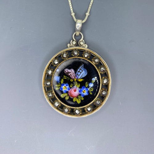Victorian Hand Painted Butterfly Enamel w/ Steel Facet Border set in Sterling Silver w/ Sterling Silver Necklace