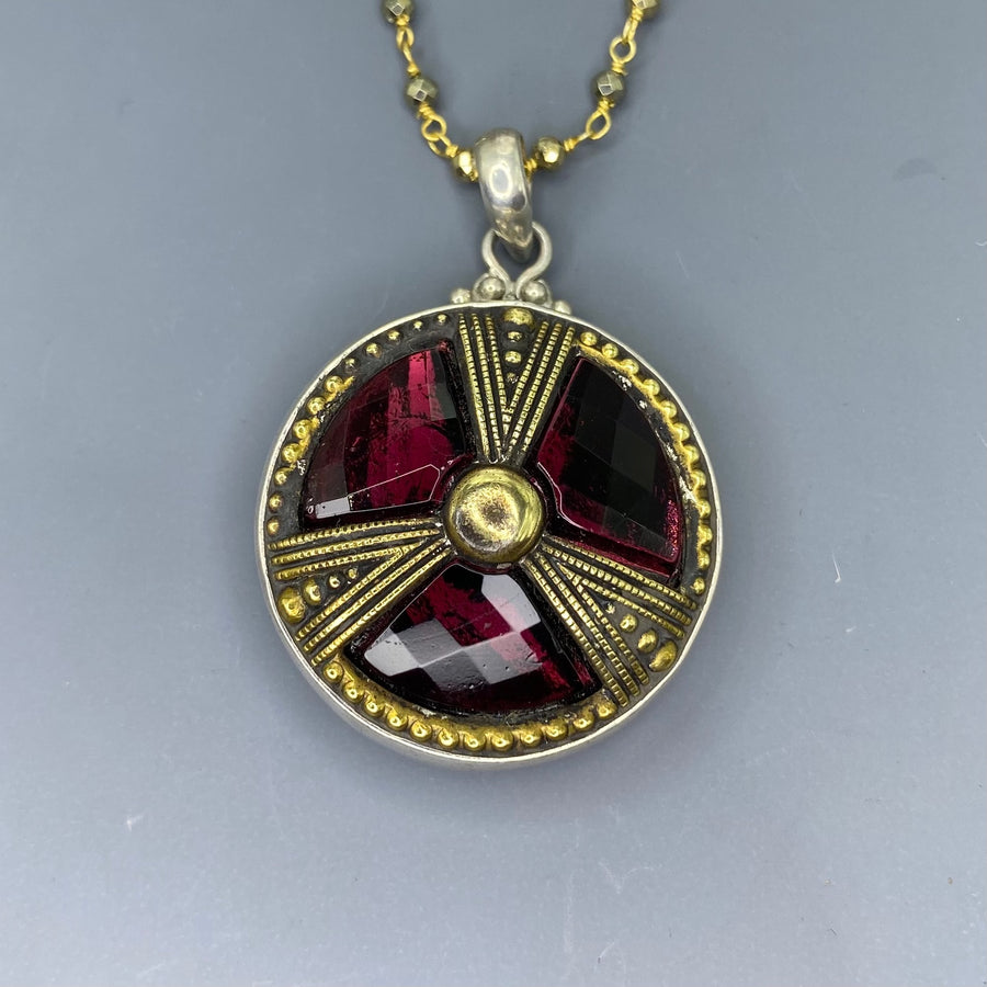 Victorian Glass in Metal Button w/ Facet Red Glass Triad Design set in Sterling Silver w/ 20"Facet Pyrrite Facet Necklace