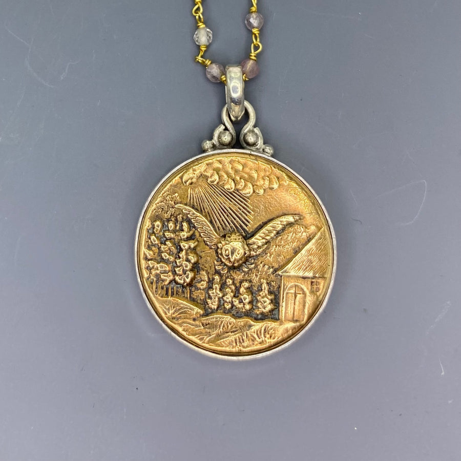 Victorian Picture Metal Button Owl Button set in Sterling silver Pendant w/ Tourmaline Facet Rosary 20" Necklace (Copy)