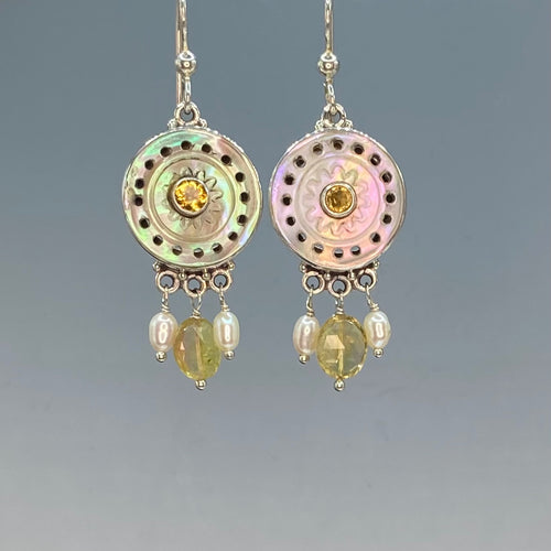 Victorian Carved Shell Button w/ Tourmaline Center set inSterlingSilver Earring with Tourmaline Facet Stone Drop & Pearl
