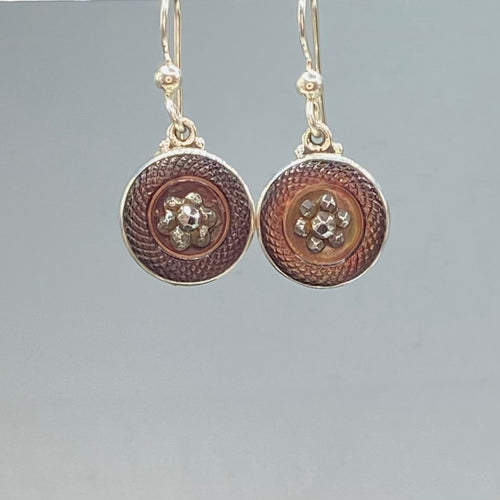 Victorian Carved Shell Button w/ Steel Facet Center set in Sterling Silver Earring