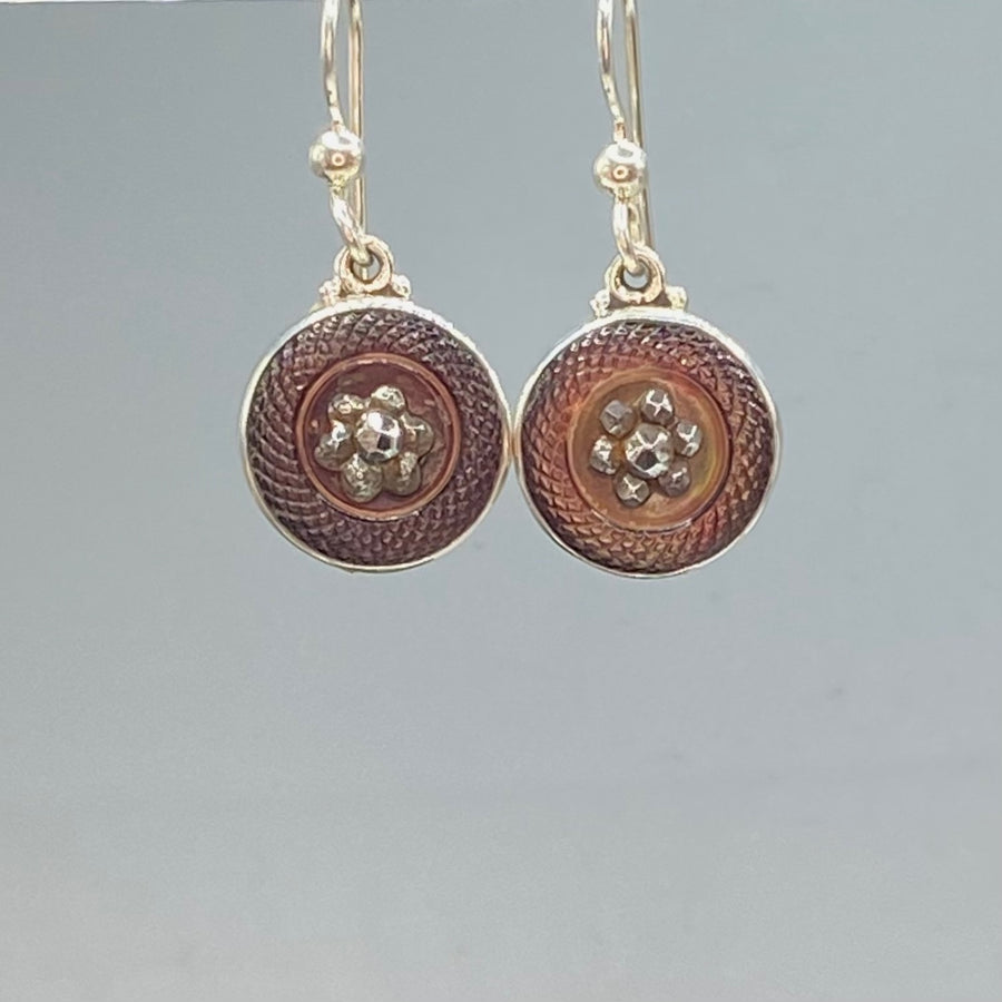 Victorian Carved Shell Button w/ Steel Facet Center set in Sterling Silver Earring