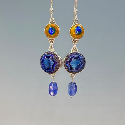 Victorian Double Button Earrings w/ Peacock Eye Glass & Czech Glass Button set in Sterling Silver w/ Kyanite Facet Stone Drop