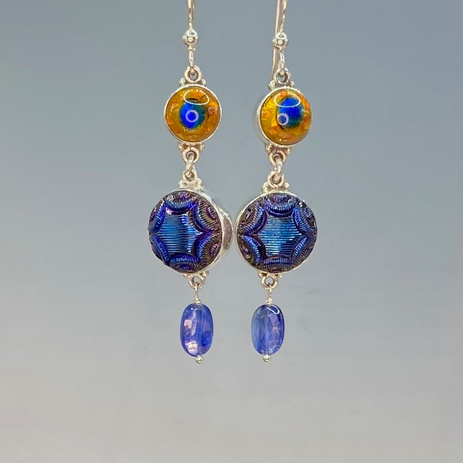 Victorian Double Button Earrings w/ Peacock Eye Glass & Czech Glass Button set in Sterling Silver w/ Kyanite Facet Stone Drop