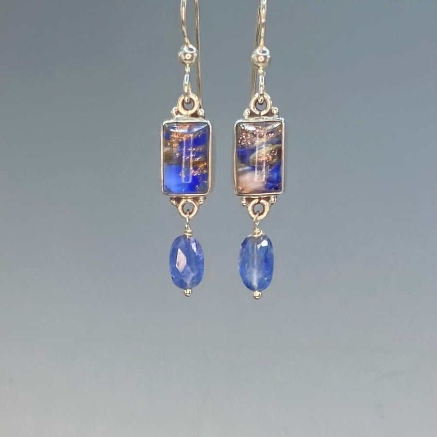 Leo Popper Glass Button Earrings w/ Facet Kyanite Stone Accent set in Sterling Silver
