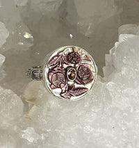 Victorian Carved Shell Button w/Tourmaline Center set in Sterling Silver Size 8