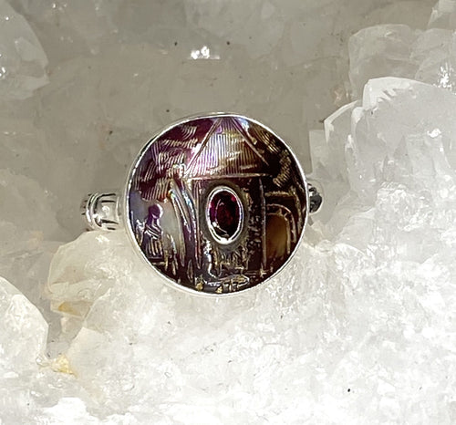 Victorian Carved Shell Button w/ Garnet Center set in Sterling Silver Size 8.5