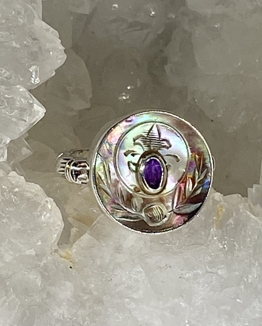 Victorian Carved Shell Button w/Amethyst Center set in Sterling Silver Size 8