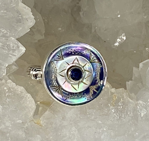 Victorian Carved Shell w/Sapphire Center Set in Sterling Silver Ring Size 8