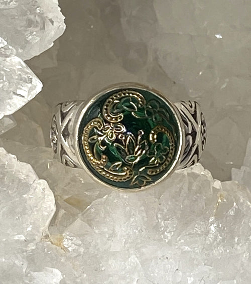 Victorian Ornate Green glass Button set In Sterling Wide Band Size 7.5
