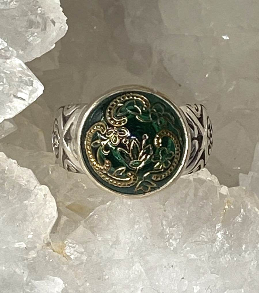 Victorian Ornate Green glass Button set In Sterling Wide Band Size 7.5