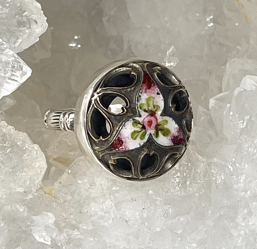 Victorian Hand Painted Enamel Button set in Sterling Silver Ring Size 8