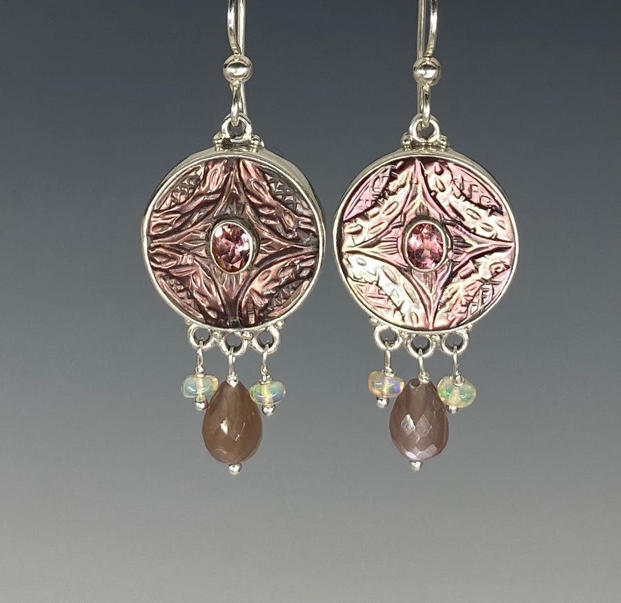 Victorian Carved Shelll Button late 1800s set in Sterling Silver w/Moonstone Accent