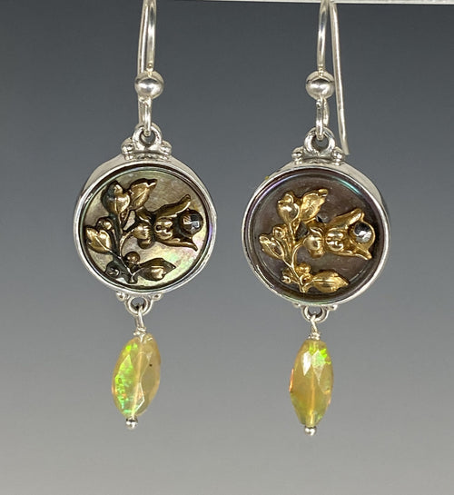 Victorian Shell w/ Floral Metal Button set in Sterling Silver w/ Ethiopian Opal Accent
