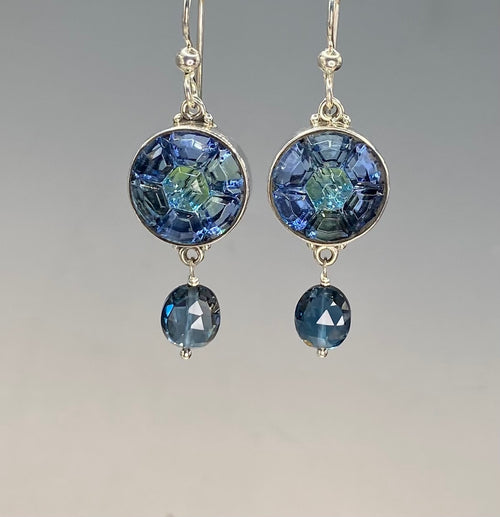 Victorian Hand Victorian Czech Flash Glass Button Earrings set in Sterling Silver w/Blue Topaz Accent